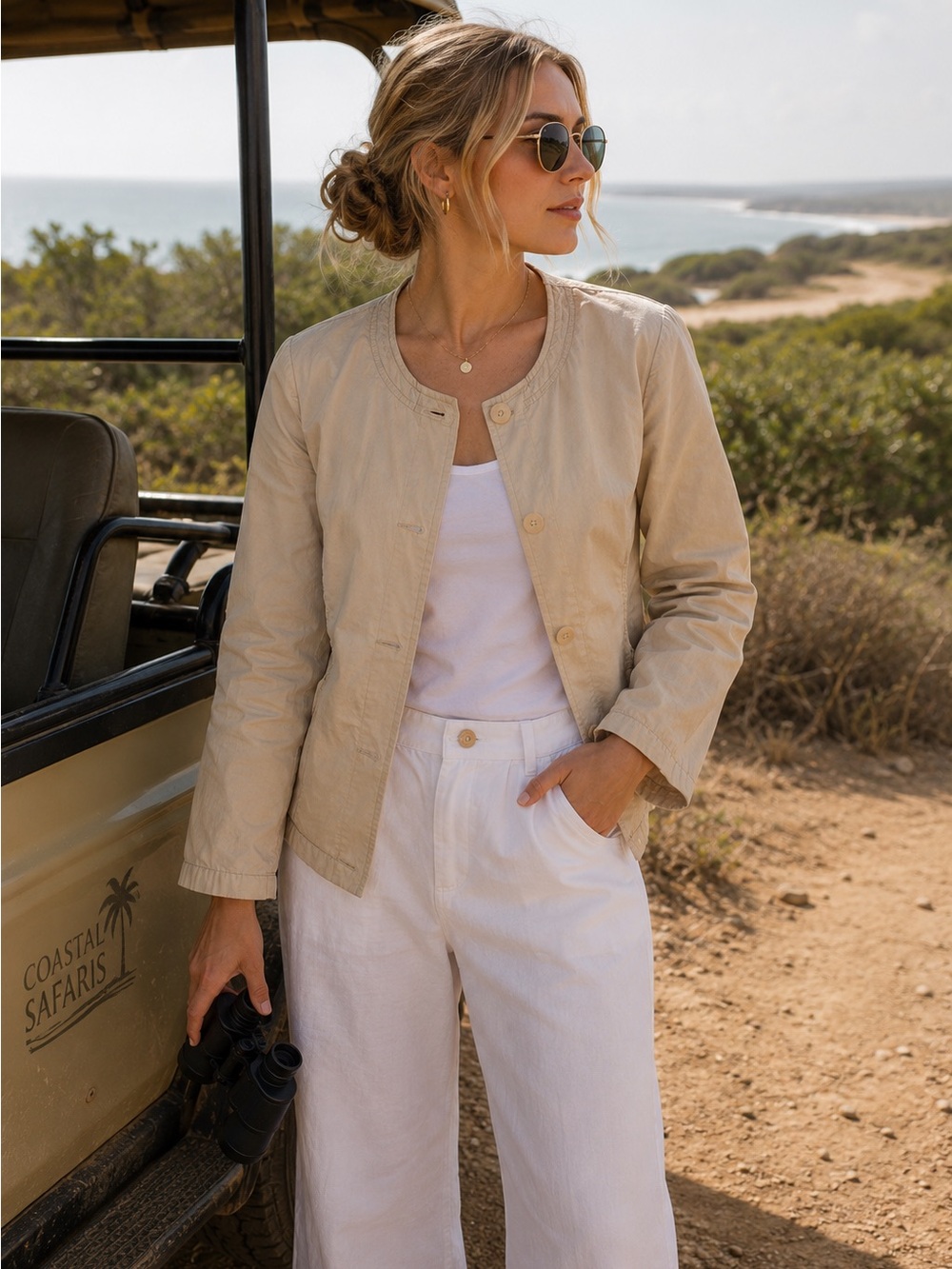 Jil Sander Jacket EU 42 Khaki Ruched Sleeves Neutral Tan Silk Luxury Safari Trip